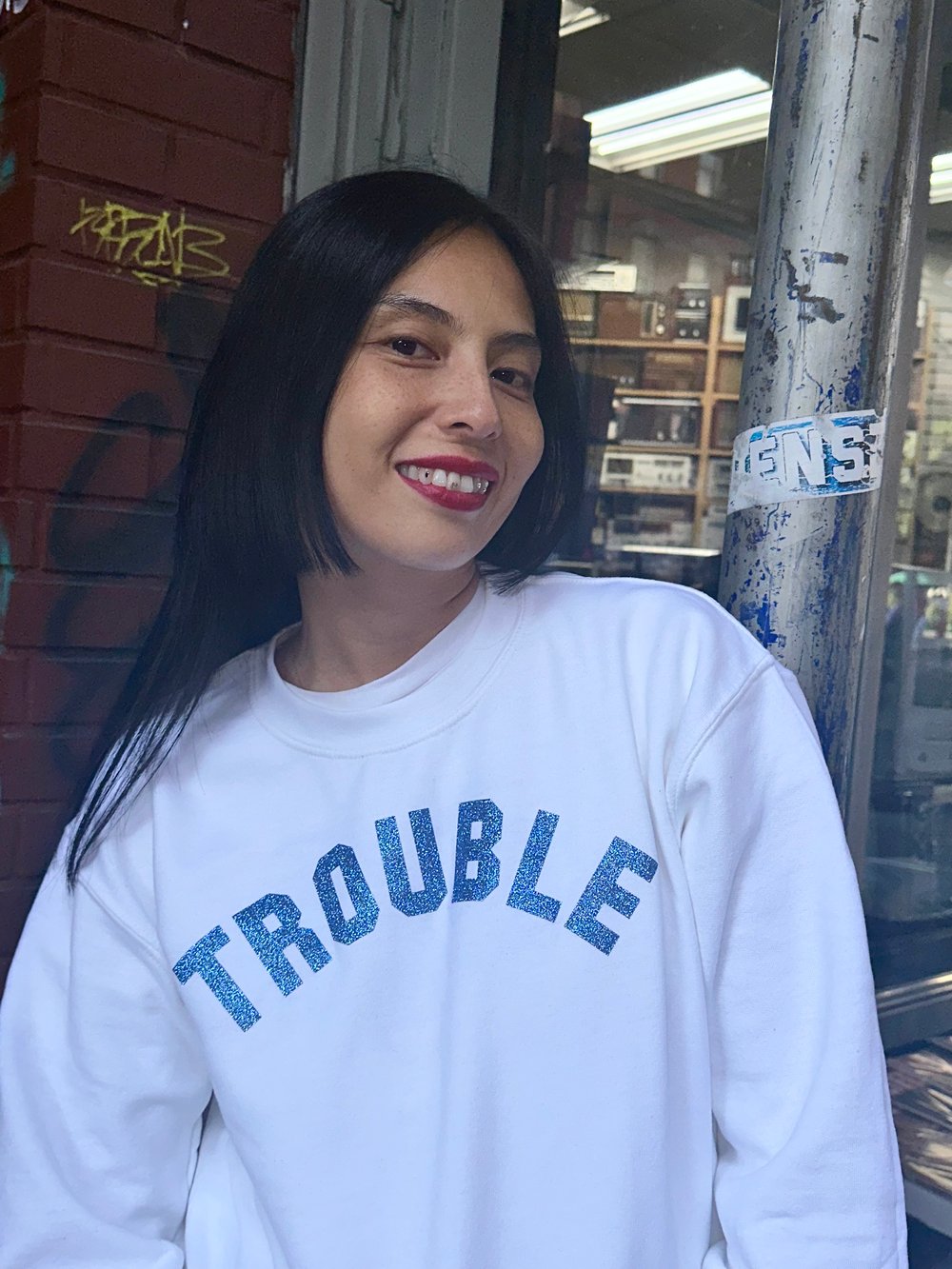 Image of 🦋New Trouble Sweatshirt White & Shimmer Blue 🤍💙
