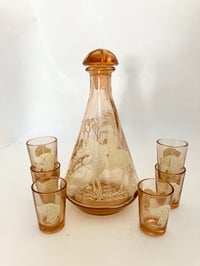 Image 1 of Vintage Horse and Hounds Decanter with 6 Shot Glasses