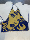 Backless knitted Pop-Art top blue yellow 