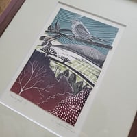 Image 3 of View beyond original linocut collage in frame