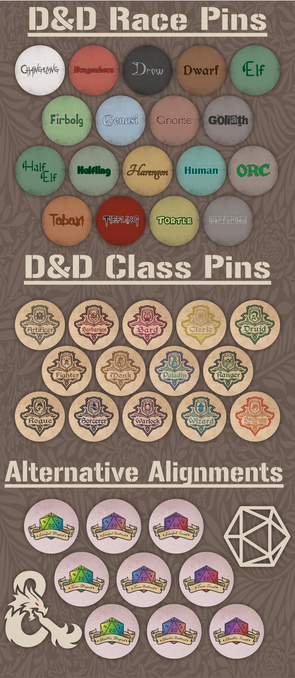 Image of D & D Button Pins (Race, Class, and Alignment)