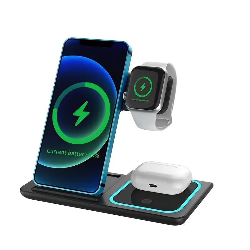 Image of 3 In 1 Fast Charging Station, Folding Wireless Charger Stand For IPhone 14,13,12,11/Pro/Max/Plus