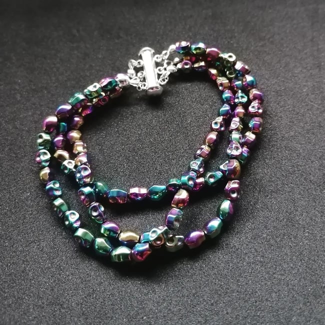 Triple strand Rainbow Hematite skull Bracelet