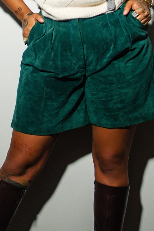 Image of Vintage Imani Forest Green Suede High Waisted Pleated Shorts