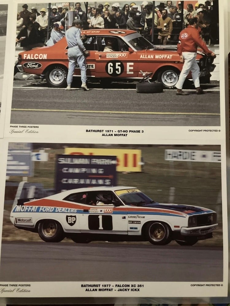 Image of Allan Moffat Bathurst Victories. 1970, 71, 73 & 1977. Falcon GTHO & H/tops. 4 Prints.