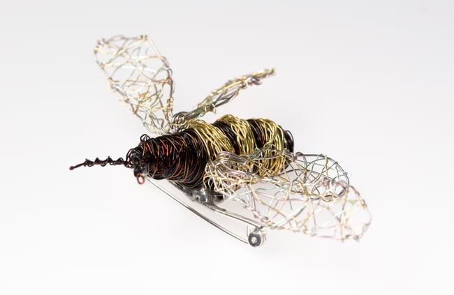 Wire bee sculpture brooch pin, Contemporary art jewelry