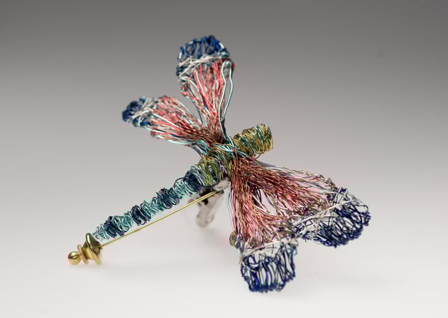 Blue dragonfly brooch pin, Wire insect sculpture jewelry