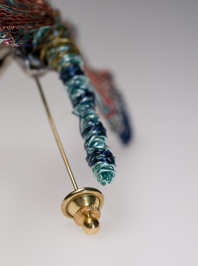 Blue dragonfly brooch pin, Wire insect sculpture jewelry