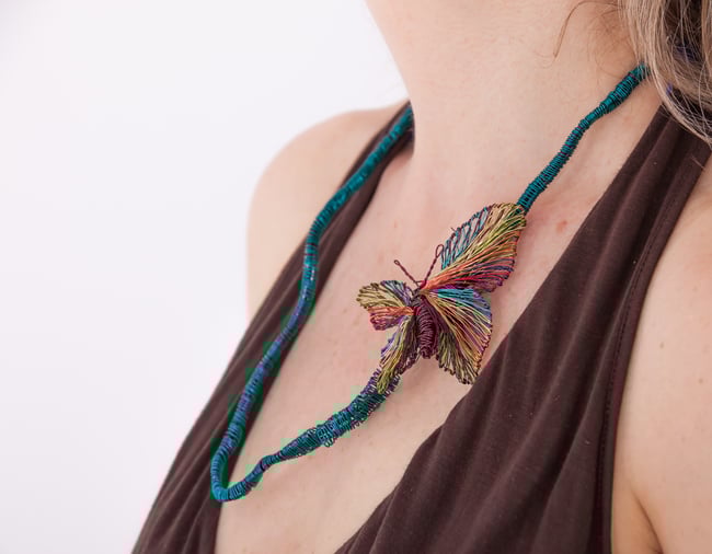 Burgundy statement necklace, Wire butterfly sculpture jewelry