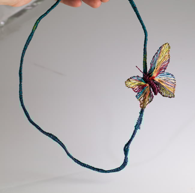 Burgundy statement necklace, Wire butterfly sculpture jewelry