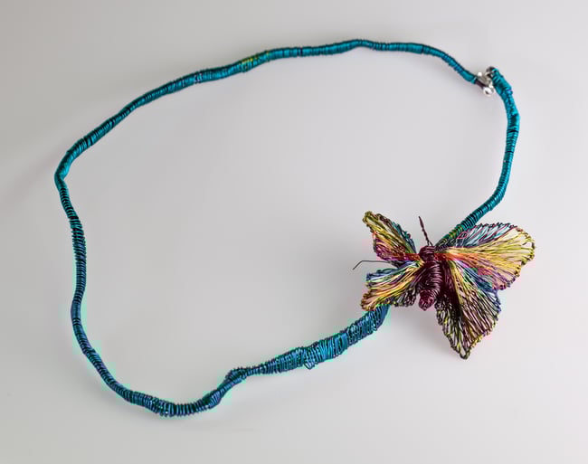 Burgundy statement necklace, Wire butterfly sculpture jewelry