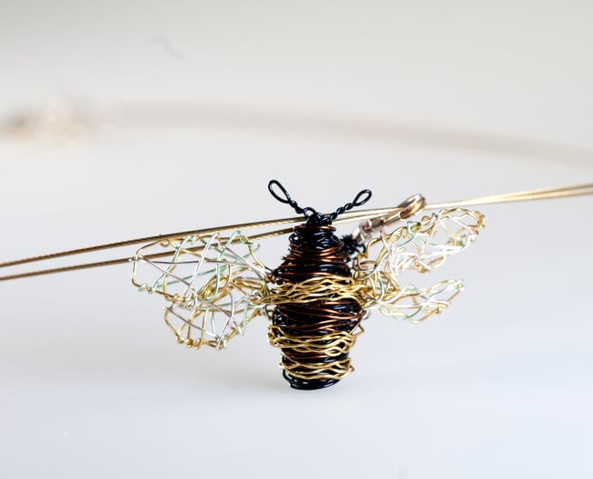 14k gold bee necklace, Wire sculpture art insect fine jewelry