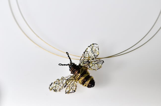 Wire art honey bee necklace, Insect sculpture artist jewelry, Bug pendant
