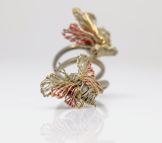 Double butterfly silver ring, Wire sculpture art jewelry