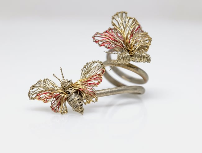 Double butterfly silver ring, Wire sculpture art jewelry