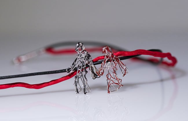 Couple figures necklace art, Wire sculpture dainty jewelry artist, People pendant