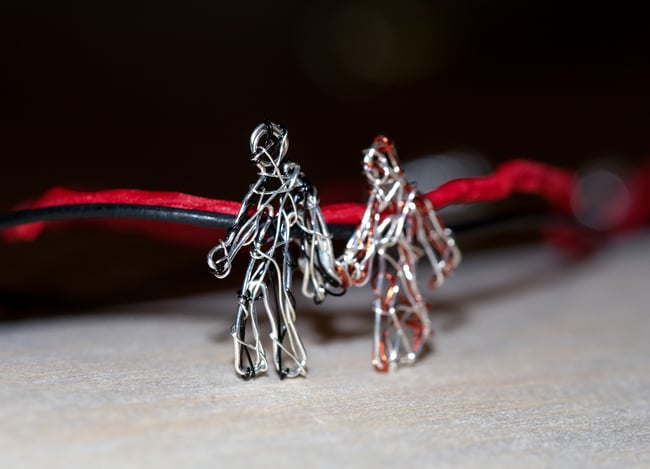 Couple figures necklace art, Wire sculpture dainty jewelry artist, People pendant