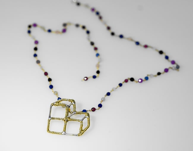 14k gold plated cube pendant, Wire art geometric heart necklace