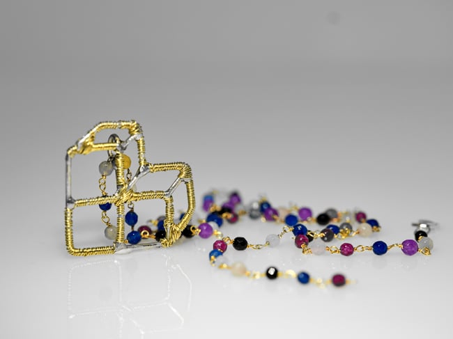 14k gold plated cube pendant, Wire art geometric heart necklace