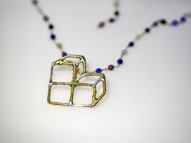 14k gold plated cube pendant, Wire art geometric heart necklace