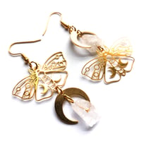 Image 2 of Moth & Quartz Crystal Golden Drop Earrings