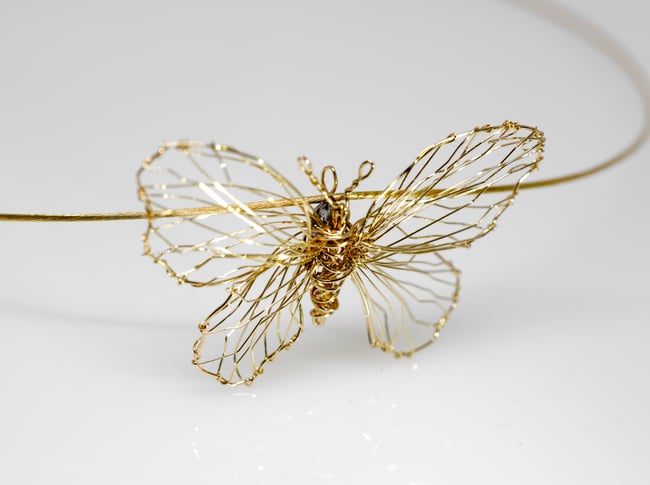 18k gold butterfly statement necklace, Wire sculpture Art jewelry
