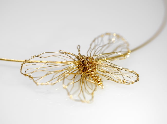 18k gold butterfly statement necklace, Wire sculpture Art jewelry