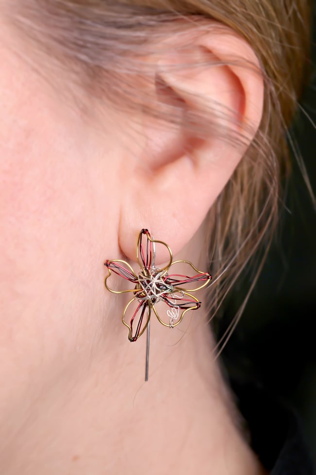 Wire flower art earrings, Sculpture contemporary jewelry