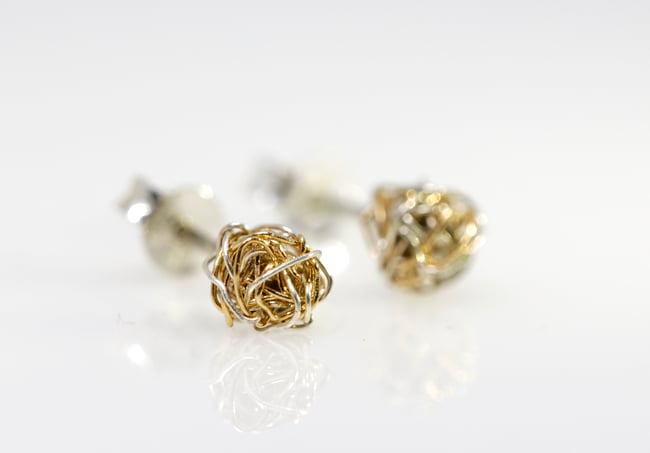 14k gold ball stud earrings, Wire sculpture art jewelry
