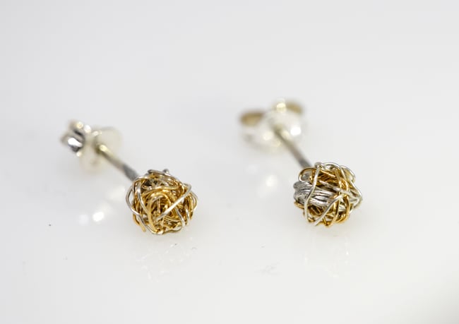 14k gold ball stud earrings, Wire sculpture art jewelry