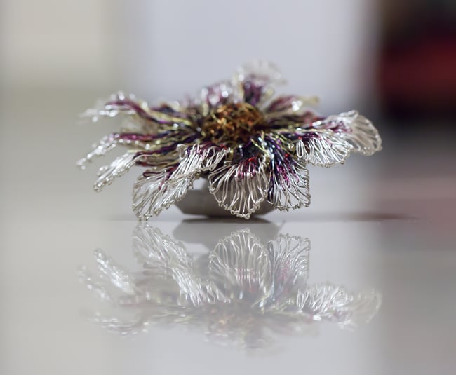 Metal gerbera daisy brooch, Wire sculpture art flower jewelry