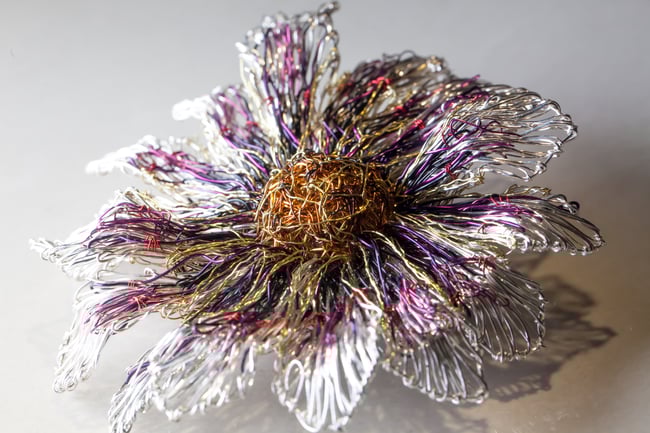 Metal gerbera daisy brooch, Wire sculpture art flower jewelry