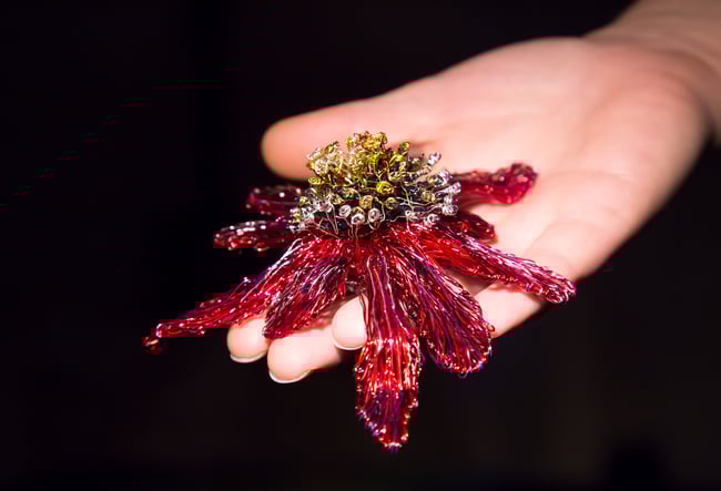 Metal art sculpture flower brooch red, Wire contemporary jewelry