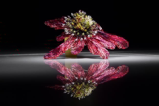 Metal art sculpture flower brooch red, Wire contemporary jewelry