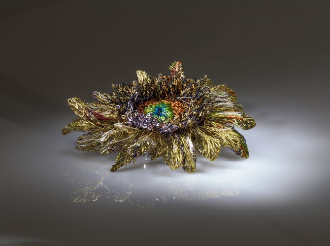 Sunflower wire Art sculpture brooch, Artist contemporary jewelry