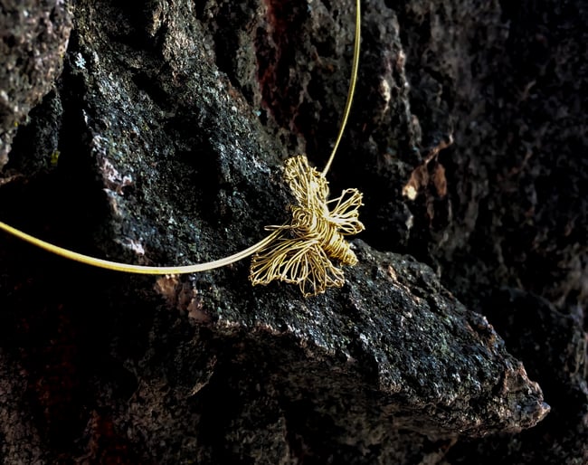 14k Gold butterfly necklace, Wire insect sculpture jewelry art