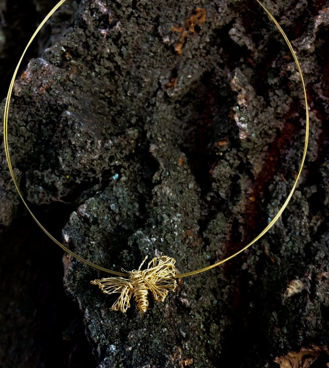 14k Gold butterfly necklace, Wire insect sculpture jewelry art