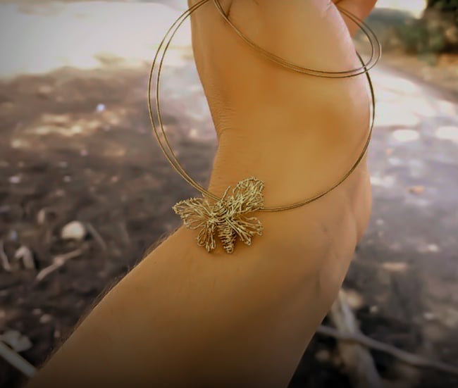 14k Gold butterfly necklace, Wire insect sculpture jewelry art