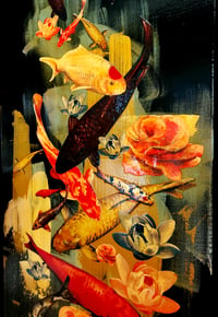 Image 3 of Original Canvas - Koi on Black/Aqua/Gold - 40cm x 120cm