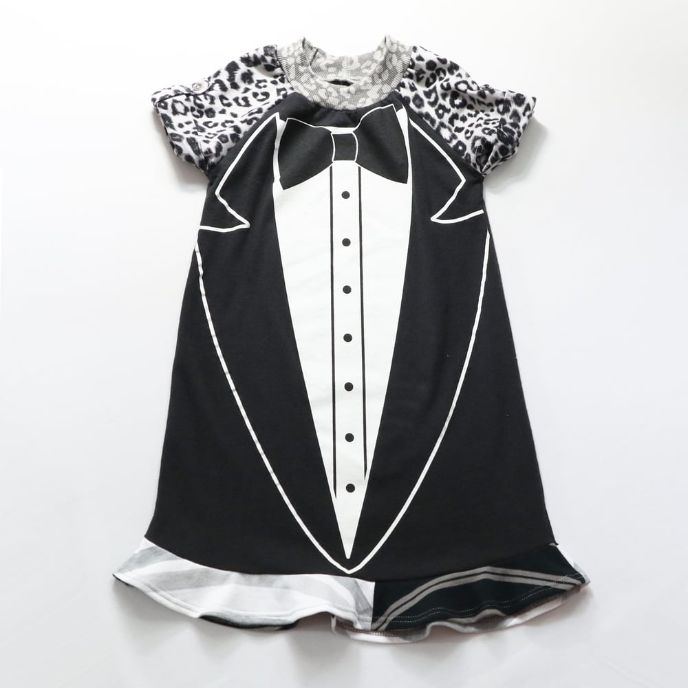 Image of black tie formal tux tuxedo 5T black and white short sleeve dress courtneycourtney