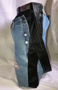Image 3 of Reversible Jean Pant Messenger Bag Raw Denim & Bleached Denim Accent W/Tassel