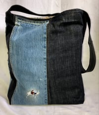 Image 2 of Reversible Jean Pant Messenger Bag Raw Denim & Bleached Denim Accent W/Tassel
