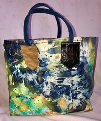 Image 1 of Reversible Tote Bag, Abstract Painted Denim & Bleaching Detail, Leather Textured Straps
