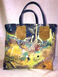 Image 2 of Reversible Tote Bag, Abstract Painted Denim & Bleaching Detail, Leather Textured Straps