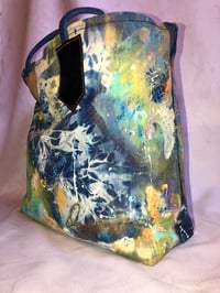Image 3 of Reversible Tote Bag, Abstract Painted Denim & Bleaching Detail, Leather Textured Straps
