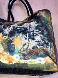 Image 4 of Reversible Tote Bag, Abstract Painted Denim & Bleaching Detail, Leather Textured Straps