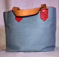 Image 2 of Reversible Salvage Denim Tote Bag, Red Asian Satin Lining With Red Leather Croc Trim 