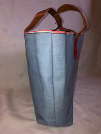 Image 3 of Reversible Salvage Denim Tote Bag, Red Asian Satin Lining With Red Leather Croc Trim 