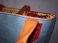 Image 4 of Reversible Salvage Denim Tote Bag, Red Asian Satin Lining With Red Leather Croc Trim 
