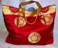 Image 5 of Reversible Salvage Denim Tote Bag, Red Asian Satin Lining With Red Leather Croc Trim 